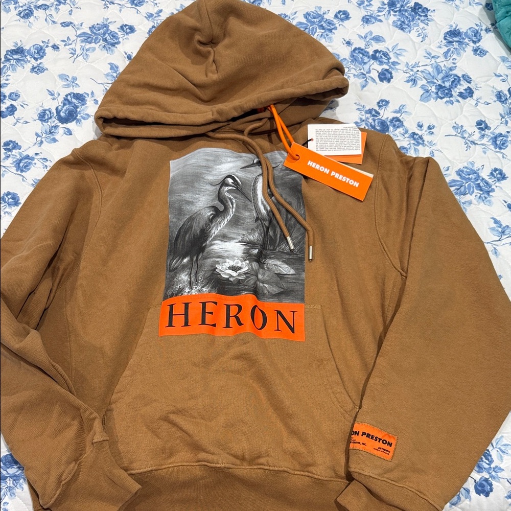Heron Preston Tan Hoodie with Heron Graphic